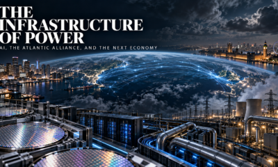 AI-generated conceptual illustration of semiconductor wafers, servers and power infrastructure connecting Boston and London across the Atlantic, with the title The Infrastructure of Power.