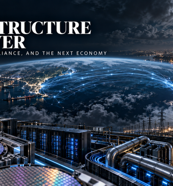 AI-generated conceptual illustration of semiconductor wafers, servers and power infrastructure connecting Boston and London across the Atlantic, with the title The Infrastructure of Power.