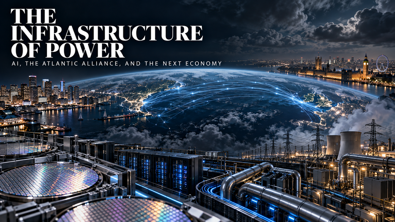 AI-generated conceptual illustration of semiconductor wafers, servers and power infrastructure connecting Boston and London across the Atlantic, with the title The Infrastructure of Power.