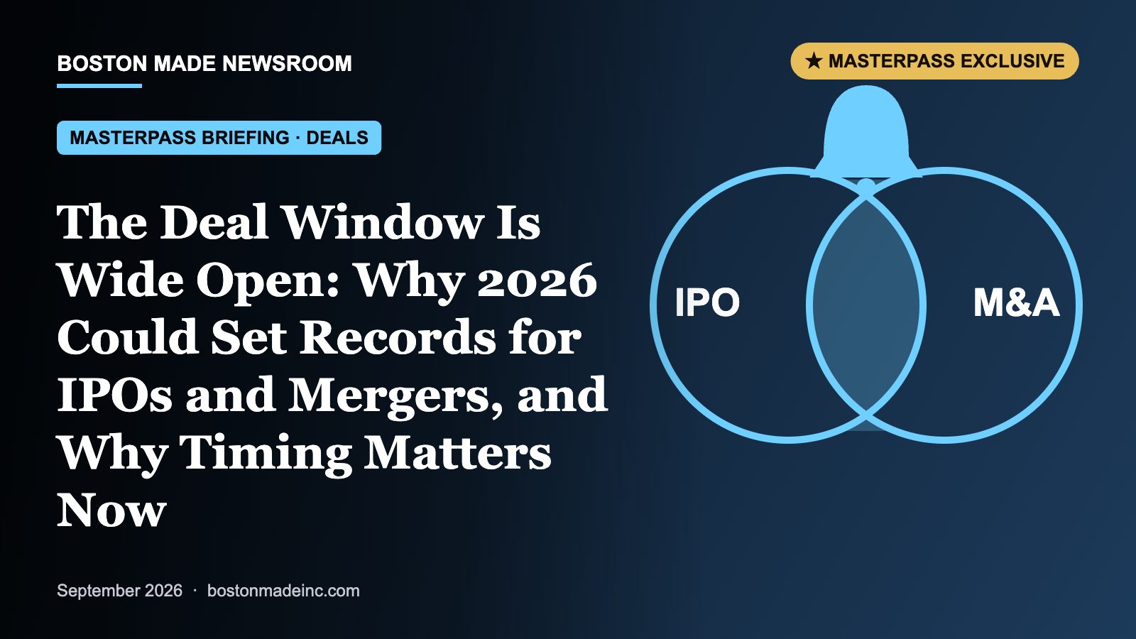 Boston Made Newsroom illustration: The Deal Window Is Wide Open: Why 2026 Could Set Records for IPOs and Mergers, and Why Timing Matters Now