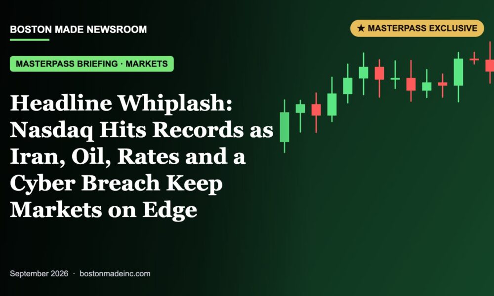 Boston Made Newsroom illustration: Headline Whiplash: Nasdaq Hits Records as Iran, Oil, Rates and a Cyber Breach Keep Markets on Edge