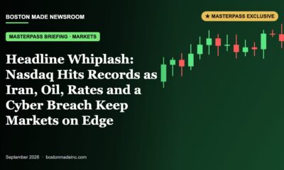 Boston Made Newsroom illustration: Headline Whiplash: Nasdaq Hits Records as Iran, Oil, Rates and a Cyber Breach Keep Markets on Edge