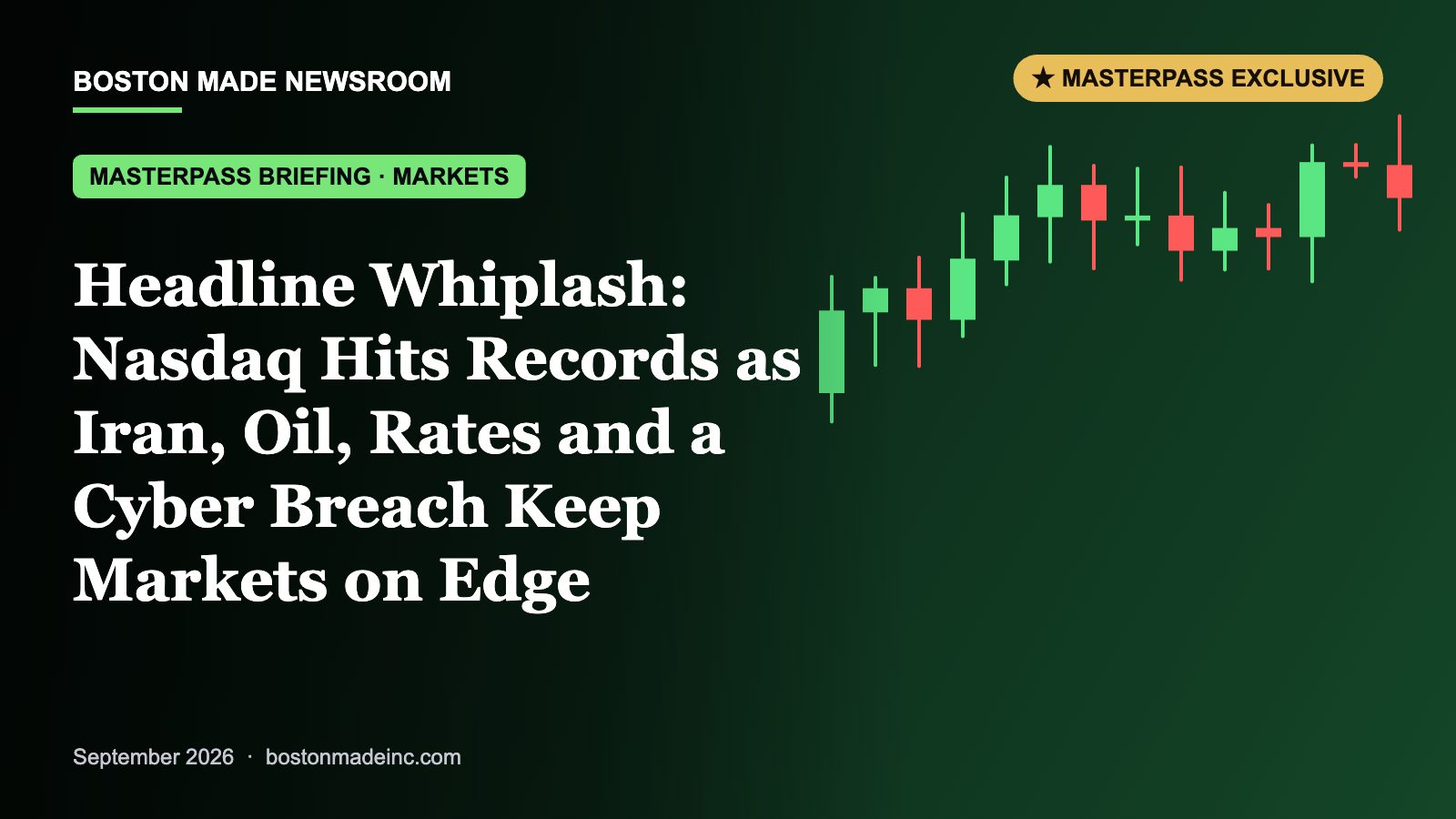 Boston Made Newsroom illustration: Headline Whiplash: Nasdaq Hits Records as Iran, Oil, Rates and a Cyber Breach Keep Markets on Edge