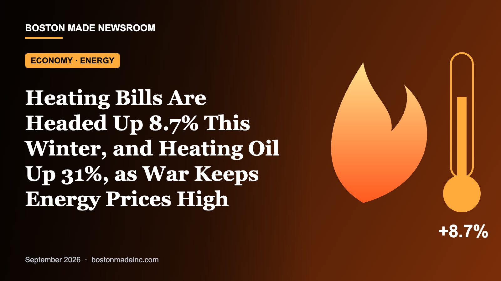 Boston Made Newsroom illustration: Heating Bills Are Headed Up 8.7% This Winter, and Heating Oil Up 31%, as War Keeps Energy Prices High