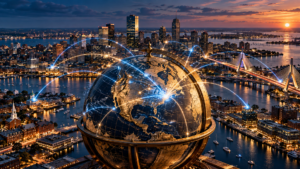 Antique globe over Boston Harbor at sunset with blue and gold connections across the city