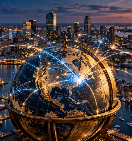 Antique globe over Boston Harbor at sunset with blue and gold connections across the city