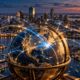 Antique globe over Boston Harbor at sunset with blue and gold connections across the city