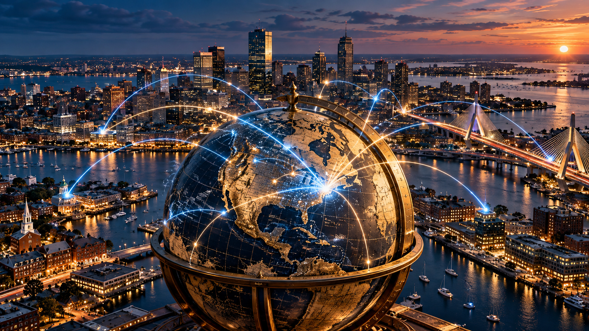 Antique globe over Boston Harbor at sunset with blue and gold connections across the city