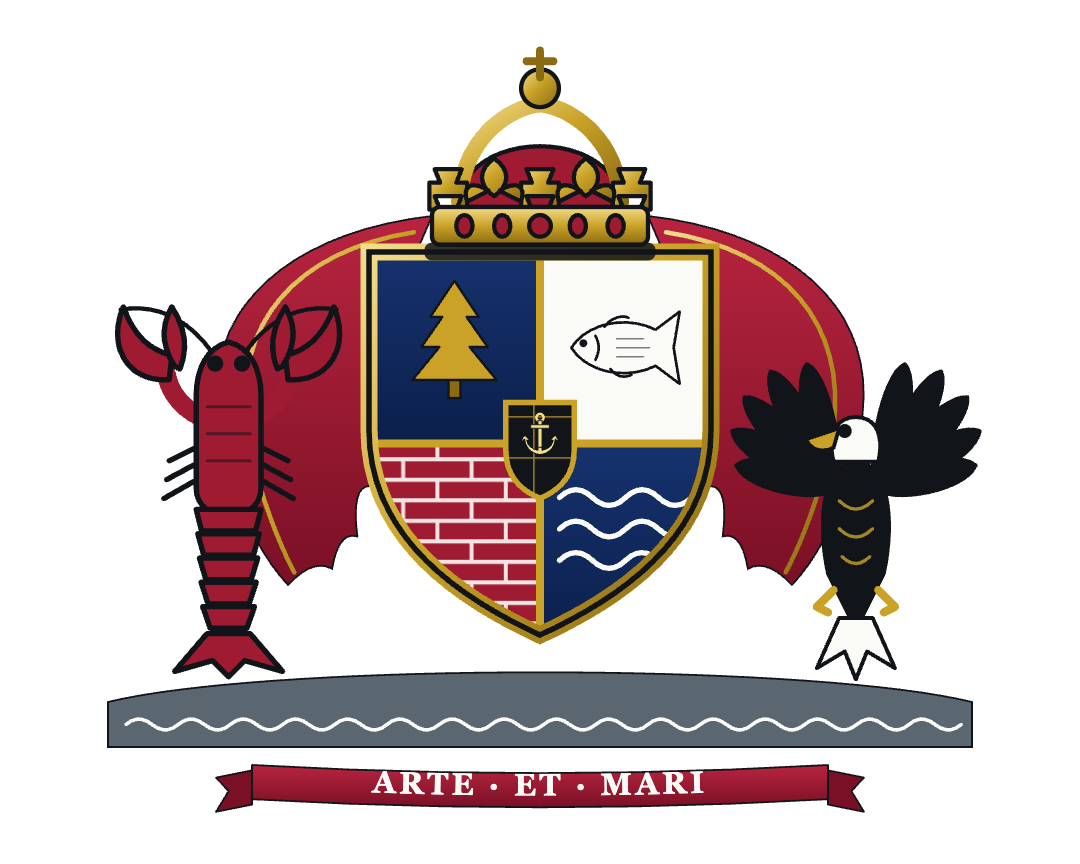 Boston Made coat of arms with lobster and eagle supporters and the motto Arte et Mari