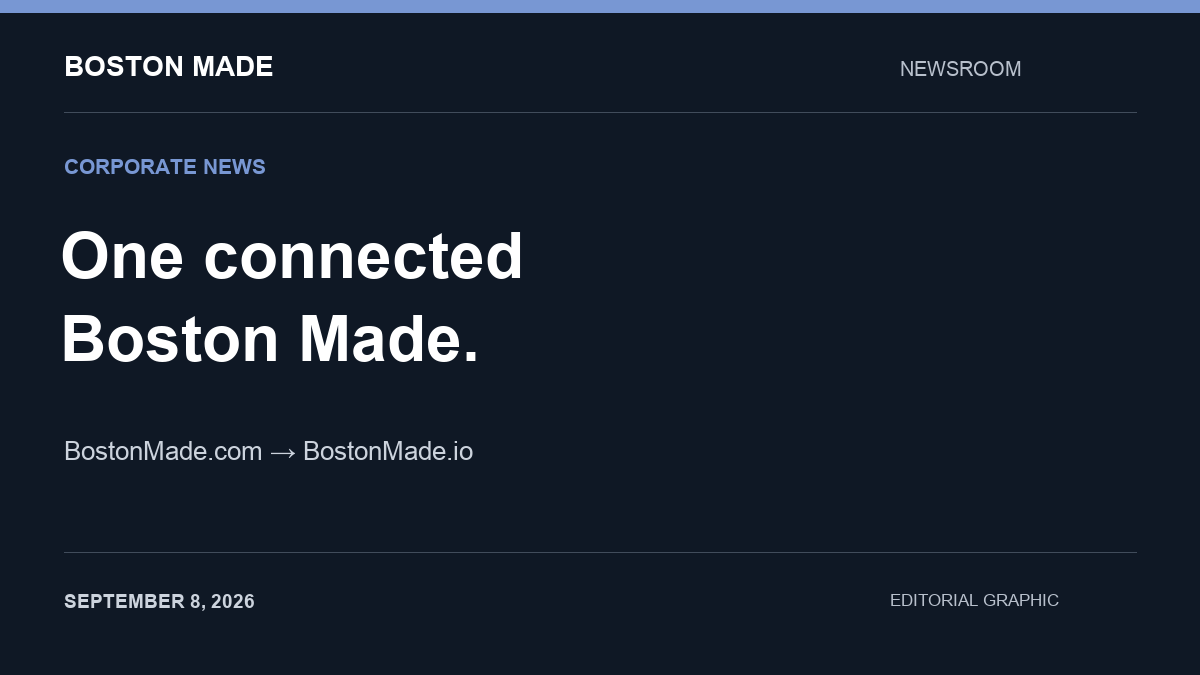Editorial graphic: One connected Boston Made, with BostonMade.com pointing to BostonMade.io.