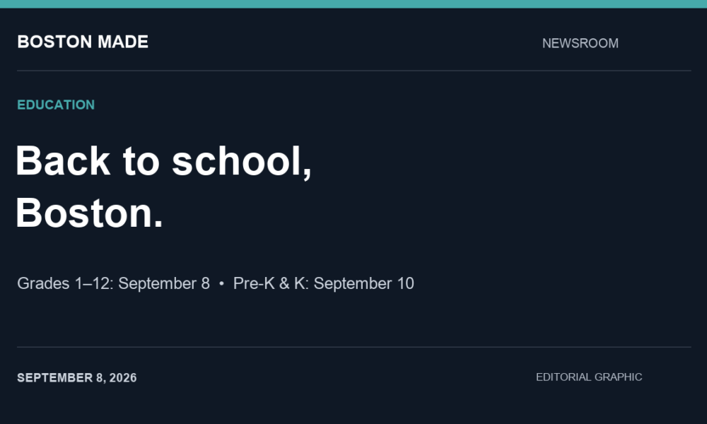 Editorial graphic: Boston grades 1–12 start September 8; pre-K and kindergarten start September 10.