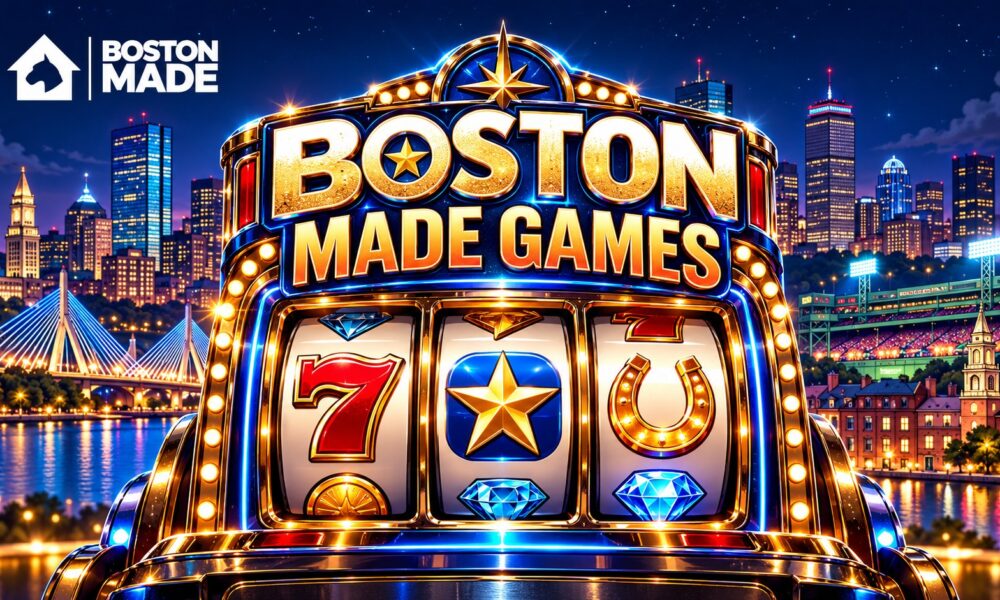 Boston Made Games slot machine glowing in front of the Boston skyline