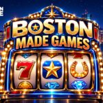 Boston Made Games slot machine glowing in front of the Boston skyline