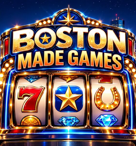 Boston Made Games slot machine glowing in front of the Boston skyline