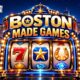 Boston Made Games slot machine glowing in front of the Boston skyline
