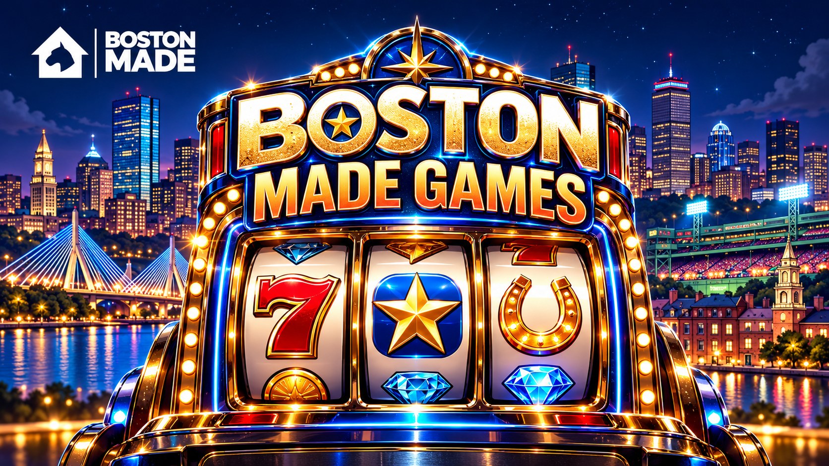 Boston Made Games slot machine glowing in front of the Boston skyline