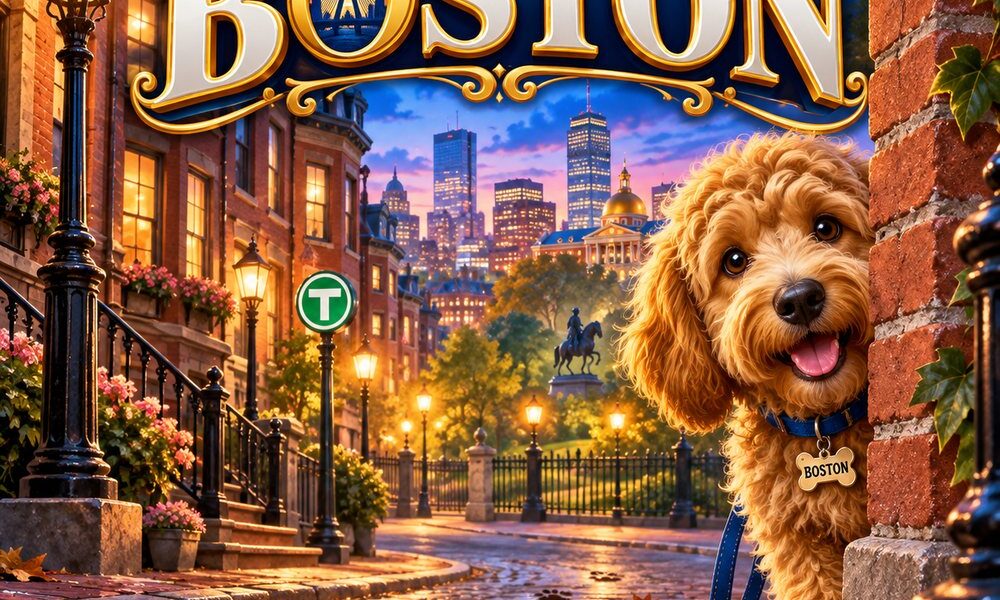 Boston the Goldendoodle peeking around a brick corner on a lamplit Beacon Hill street under a gold Find Boston sign