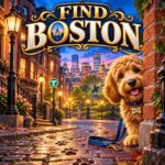 Boston the Goldendoodle peeking around a brick corner on a lamplit Beacon Hill street under a gold Find Boston sign