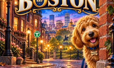 Boston the Goldendoodle peeking around a brick corner on a lamplit Beacon Hill street under a gold Find Boston sign