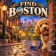 Boston the Goldendoodle peeking around a brick corner on a lamplit Beacon Hill street under a gold Find Boston sign