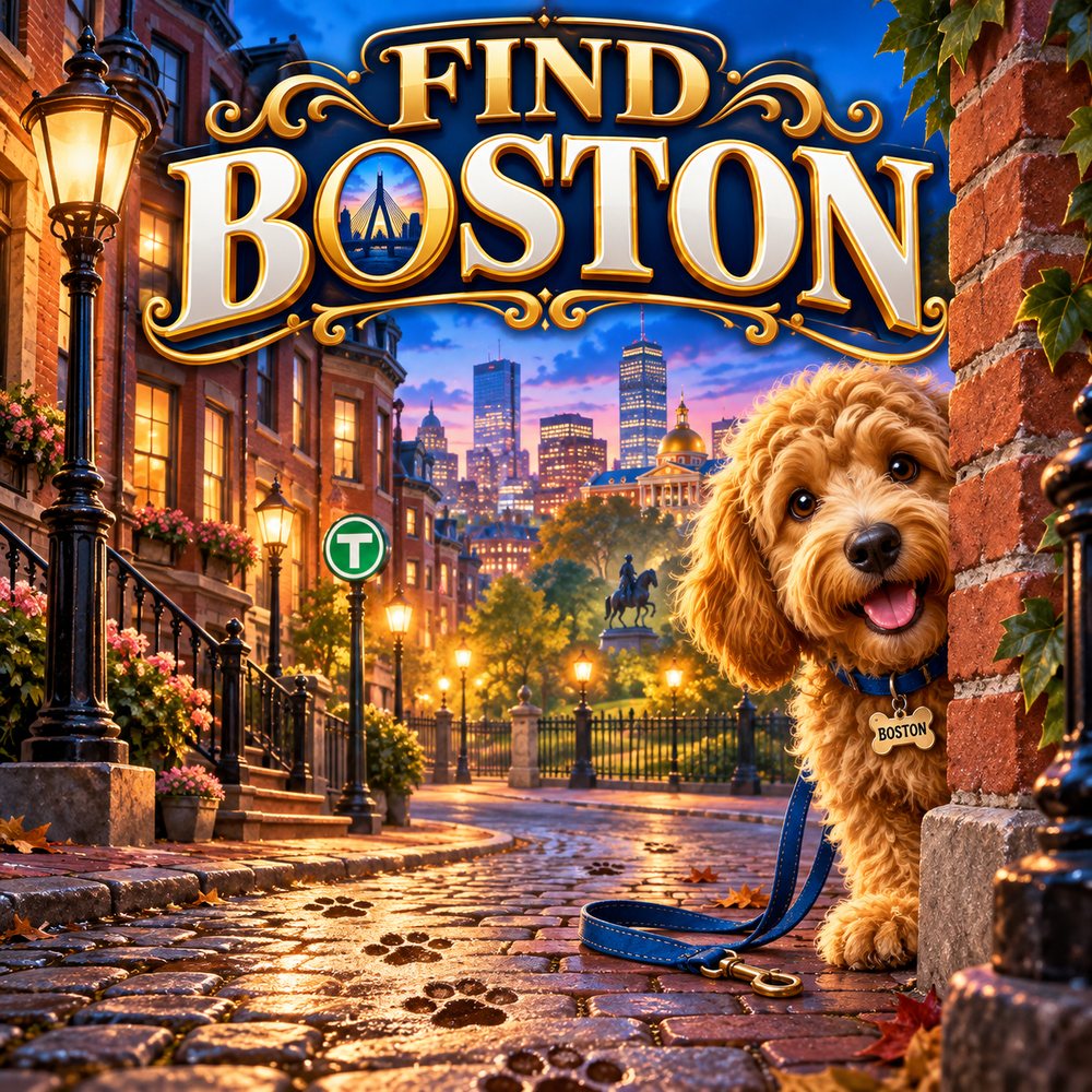 Boston the Goldendoodle peeking around a brick corner on a lamplit Beacon Hill street under a gold Find Boston sign