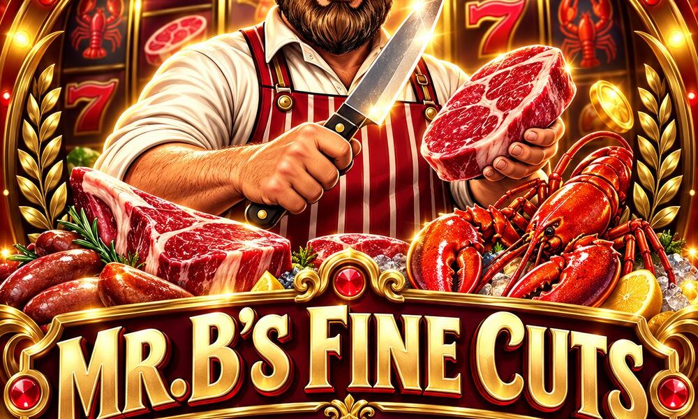 Mr. B, a bearded butcher in a straw hat, holding a knife and a steak under a gold Mr. B's Fine Cuts marquee