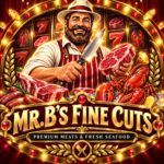 Mr. B, a bearded butcher in a straw hat, holding a knife and a steak under a gold Mr. B's Fine Cuts marquee