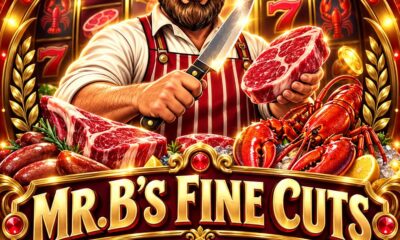 Mr. B, a bearded butcher in a straw hat, holding a knife and a steak under a gold Mr. B's Fine Cuts marquee