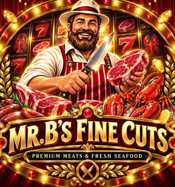 Mr. B, a bearded butcher in a straw hat, holding a knife and a steak under a gold Mr. B's Fine Cuts marquee