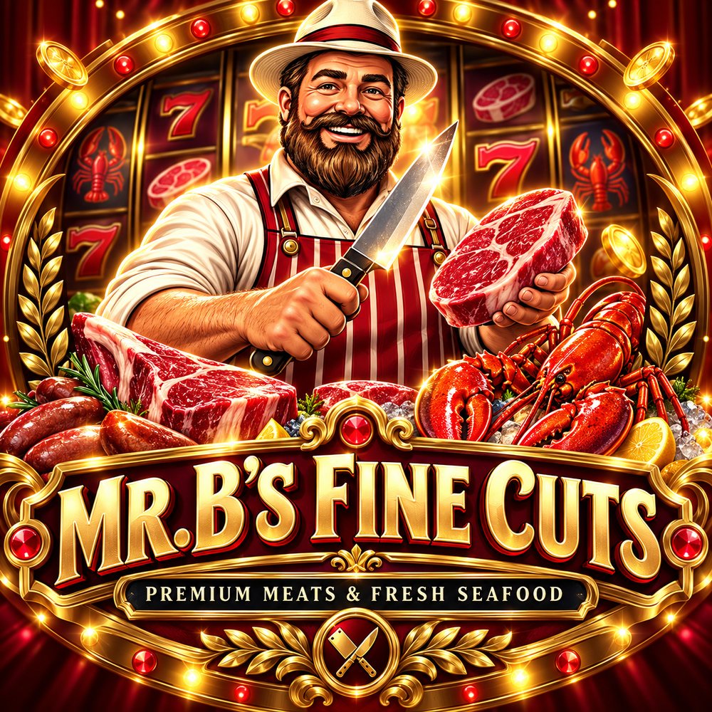 Mr. B, a bearded butcher in a straw hat, holding a knife and a steak under a gold Mr. B's Fine Cuts marquee