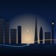 Illustrated Boston and London skylines joined by a glowing transit line with an EV parking hub between them