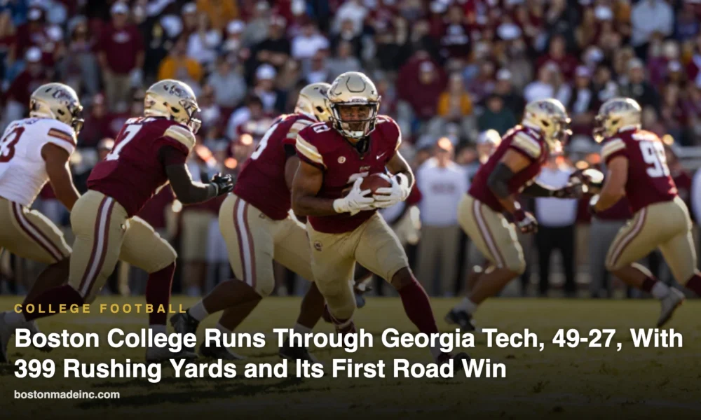 AI-generated illustration of a college running back in maroon and gold breaking through the line in a packed autumn stadium