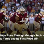 AI-generated illustration of a college running back in maroon and gold breaking through the line in a packed autumn stadium