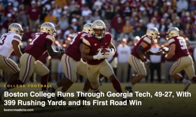 AI-generated illustration of a college running back in maroon and gold breaking through the line in a packed autumn stadium
