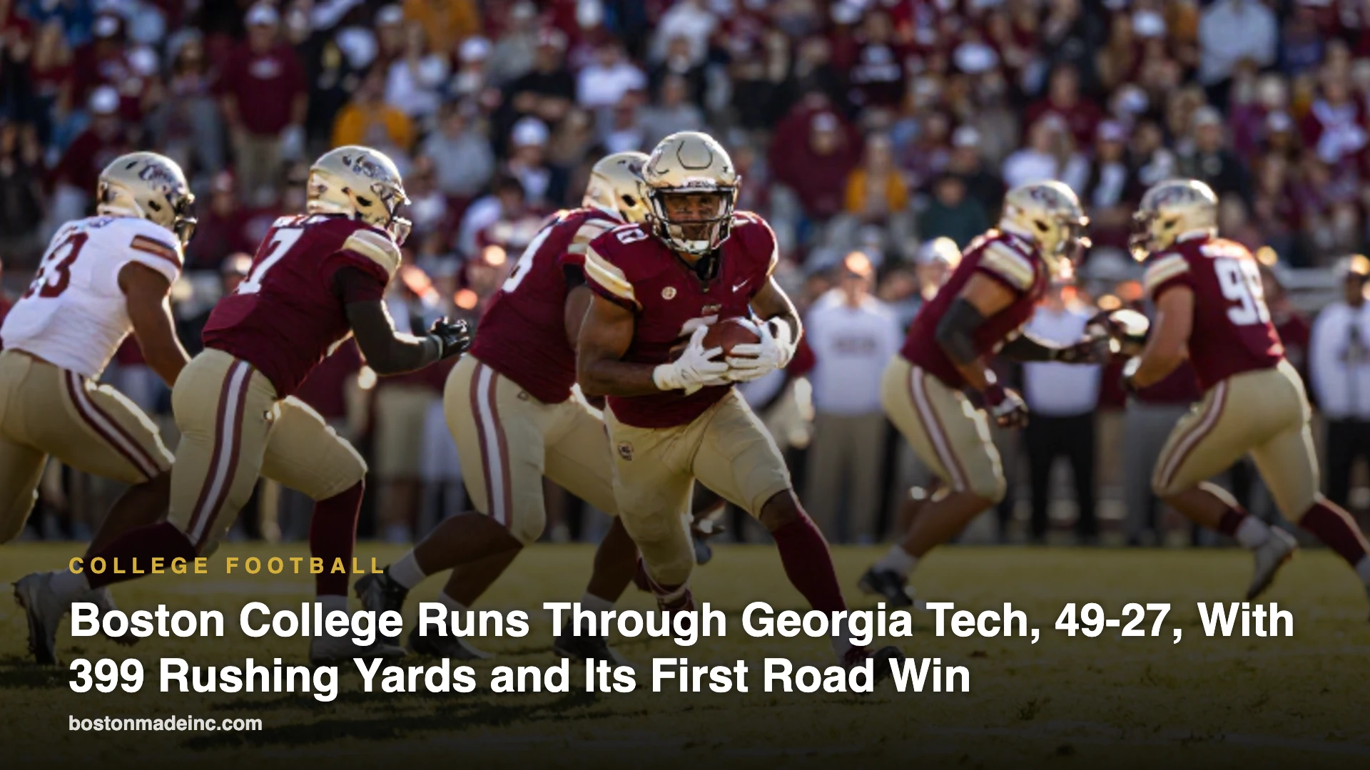 AI-generated illustration of a college running back in maroon and gold breaking through the line in a packed autumn stadium