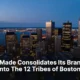 Downtown Boston at blue hour seen from above with lit buildings and the harbor.