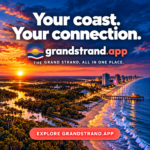Grand Strand app promo: the Myrtle Beach coastline at sunset with “Explore grandstrand.app”