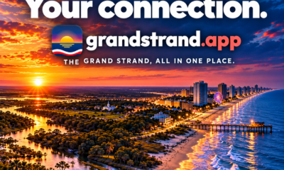 Grand Strand app promo: the Myrtle Beach coastline at sunset with “Explore grandstrand.app”