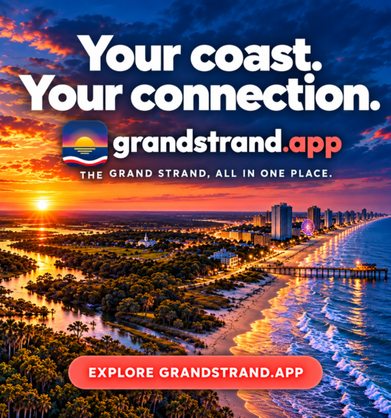 Grand Strand app promo: the Myrtle Beach coastline at sunset with “Explore grandstrand.app”