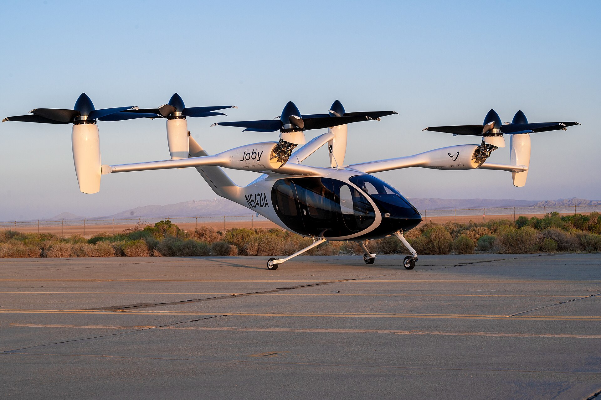 Joby Aviation S4 electric air taxi on a taxiway at Edwards Air Force Base, California