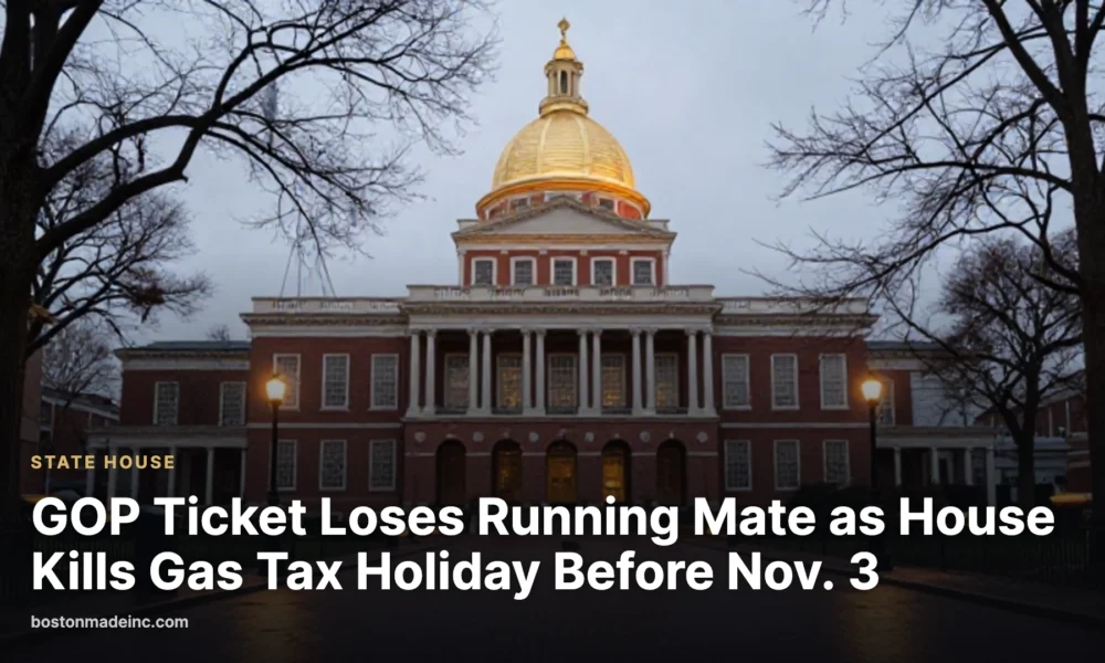 The Massachusetts State House dome at dusk with wet brick sidewalks in the foreground.