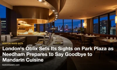 AI-generated illustration of an upscale hotel restaurant with a marble oyster bar at dusk