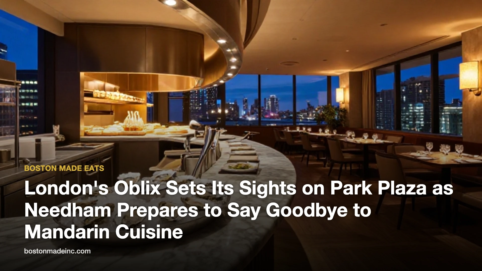 AI-generated illustration of an upscale hotel restaurant with a marble oyster bar at dusk