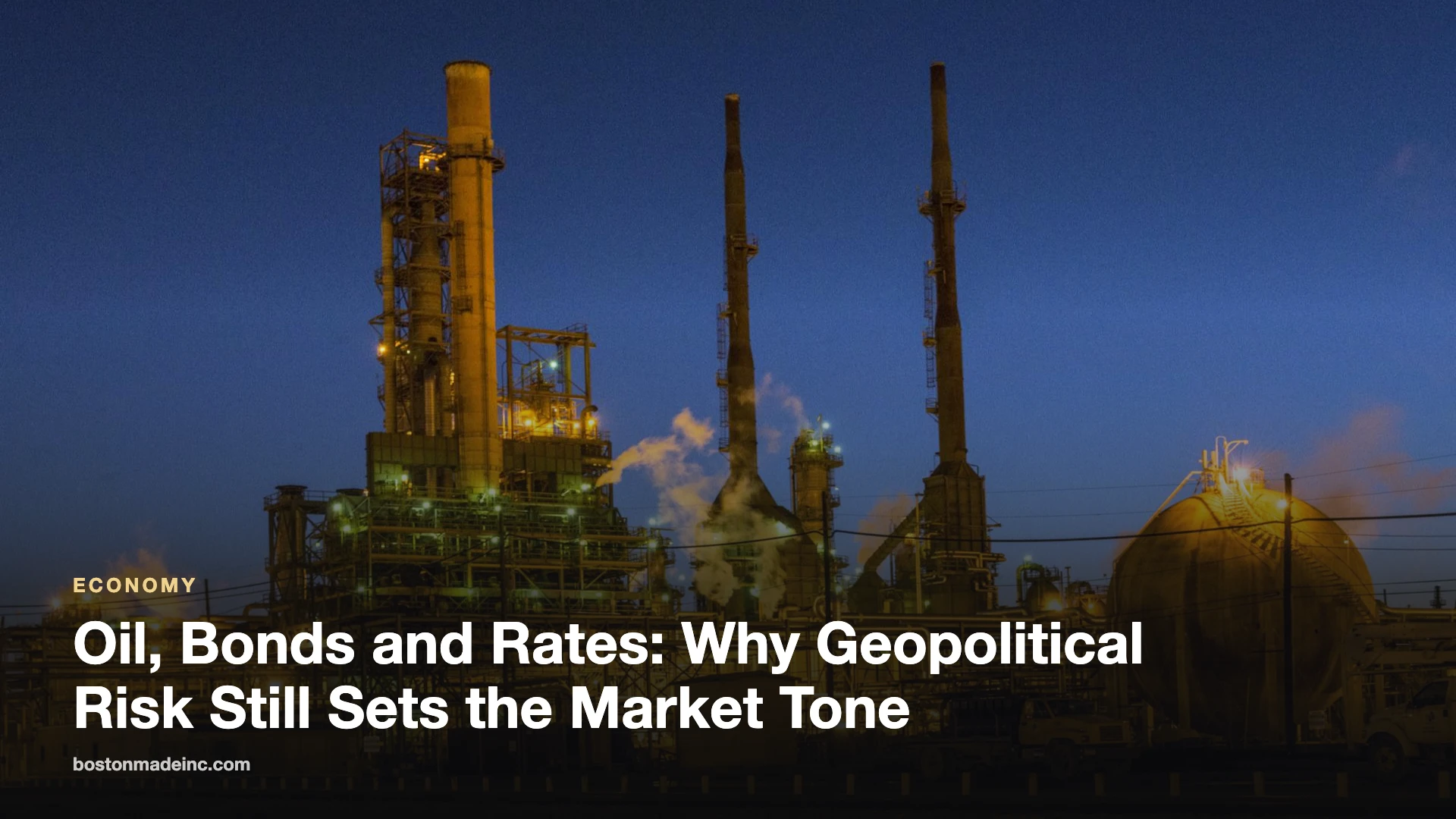 An oil refinery lit up at dusk