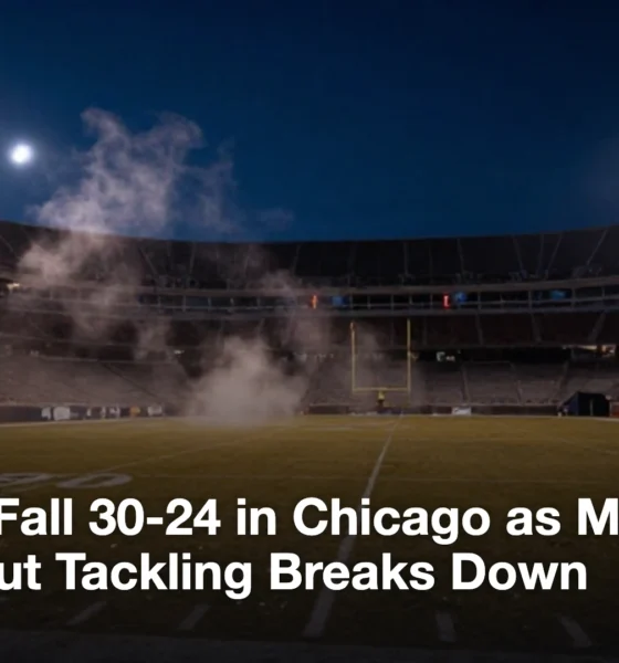 An empty NFL stadium field under floodlights on a cold October night.