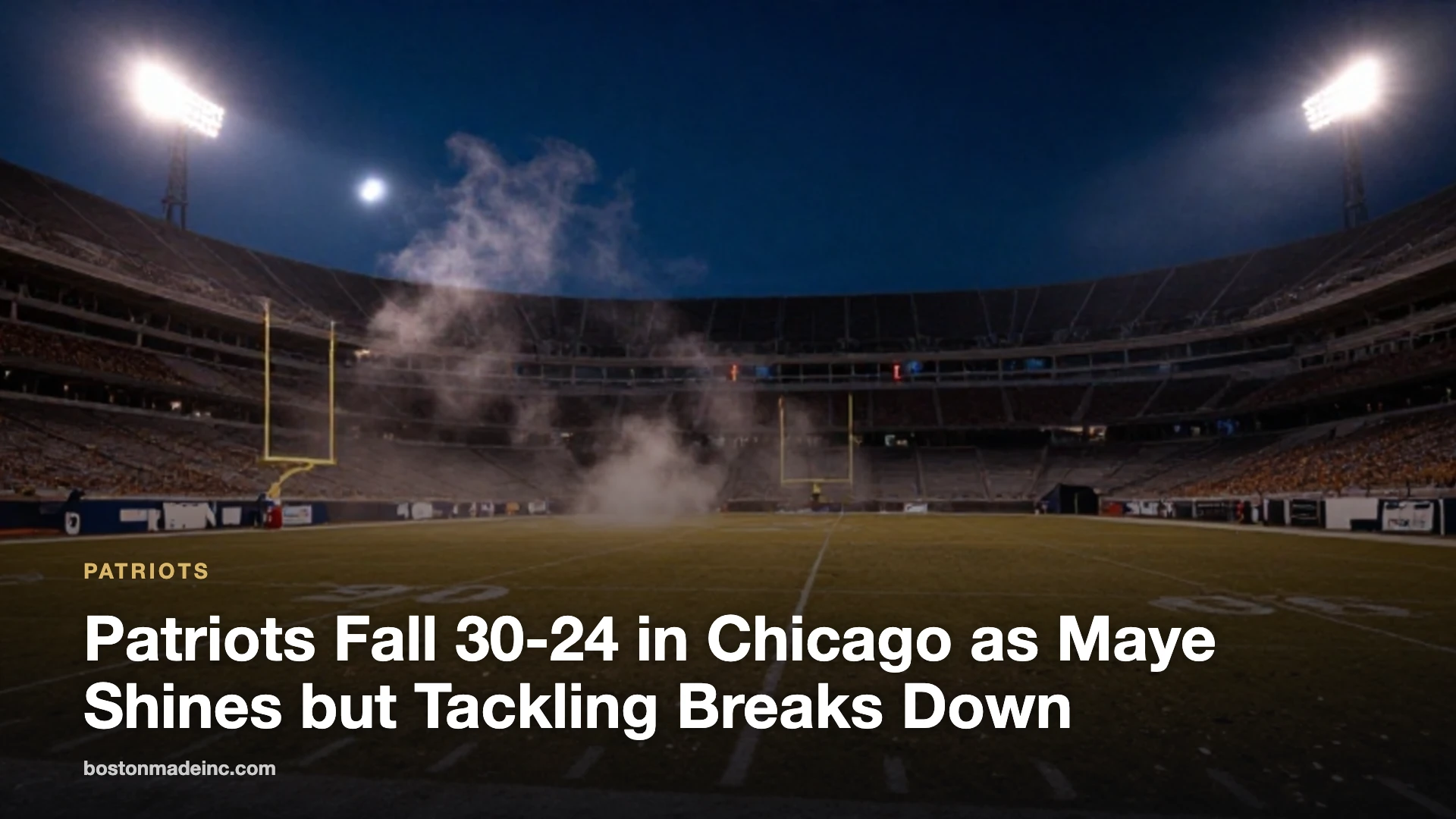 An empty NFL stadium field under floodlights on a cold October night.