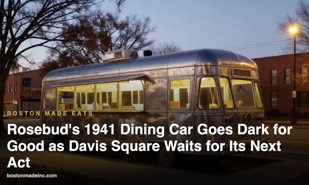 Illustration of a vintage stainless-steel lunch car diner on a city corner at dusk, lights off