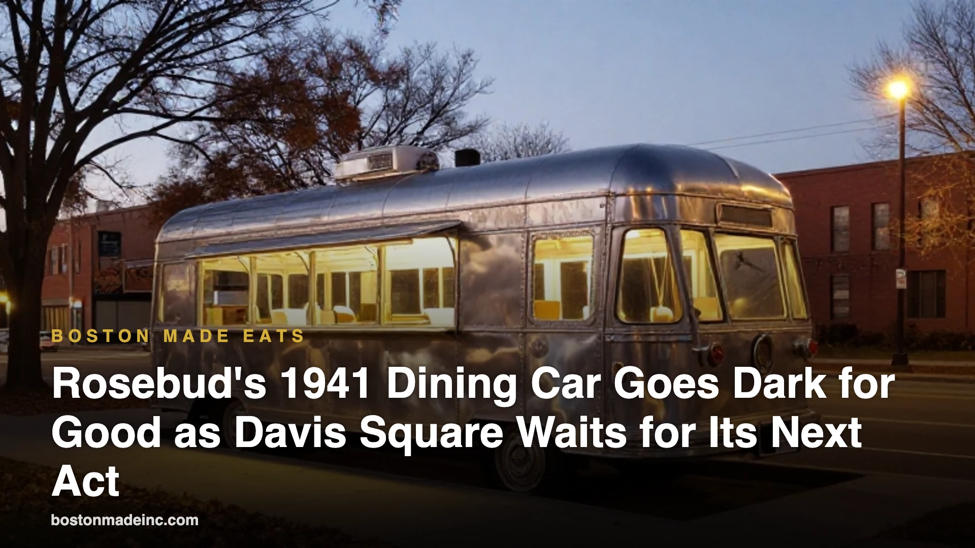 Illustration of a vintage stainless-steel lunch car diner on a city corner at dusk, lights off