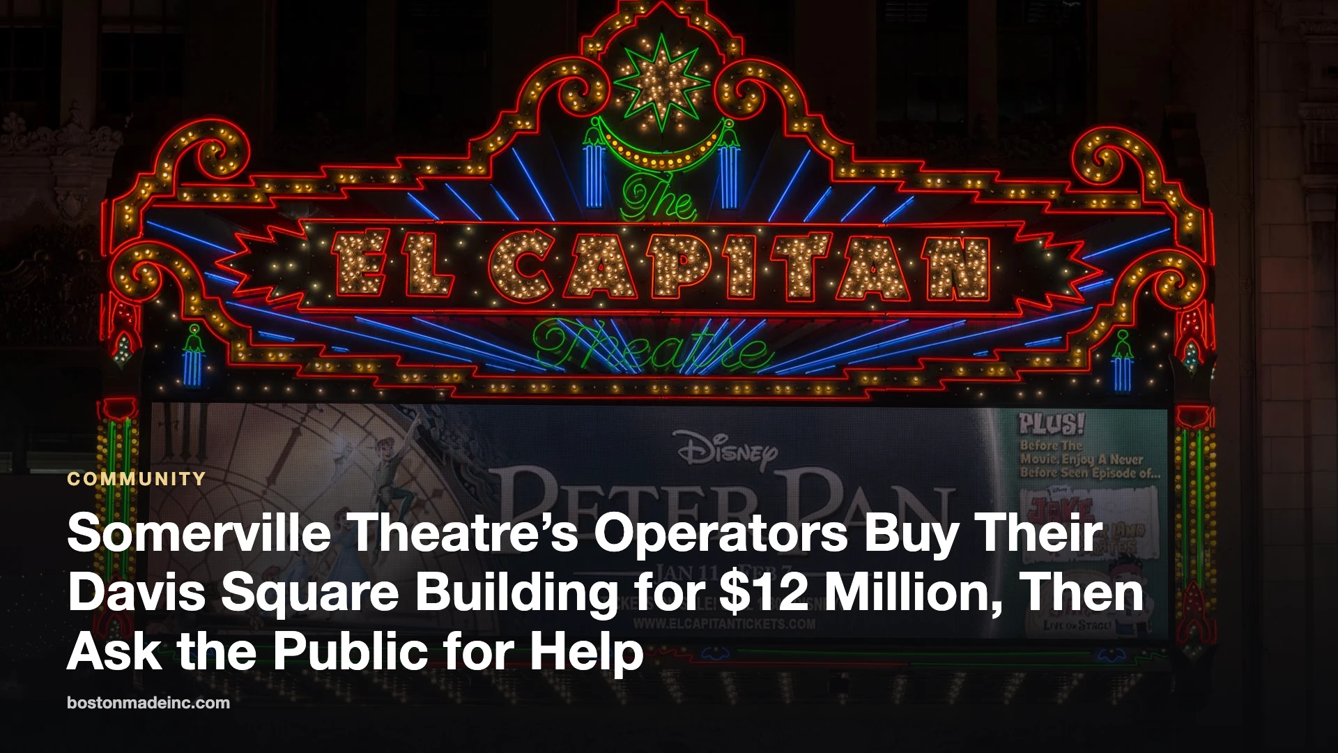 The lit marquee of a restored historic movie palace