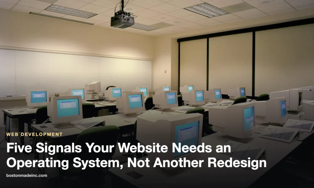 Rows of desktop computers in a bright training room